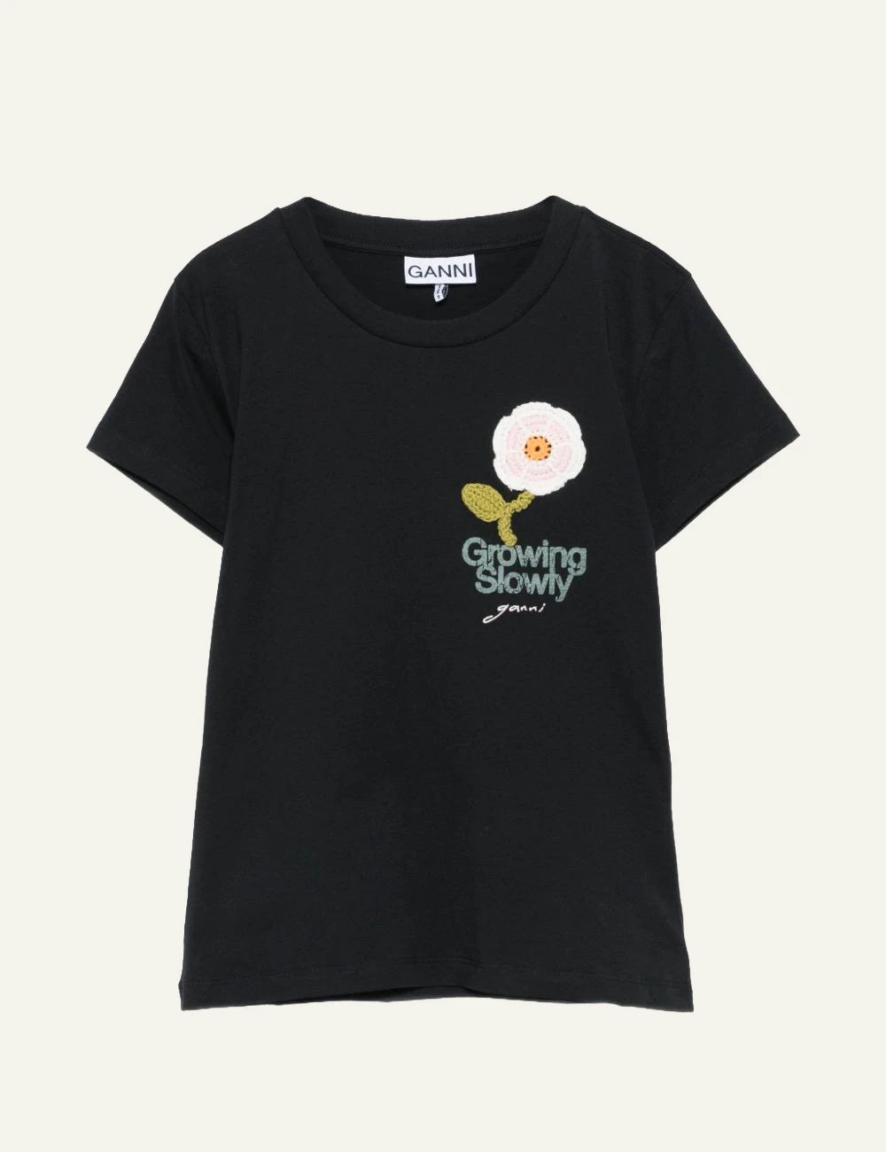 Ganni baby fit t-shirt black crochet flower patch growing slowly flat