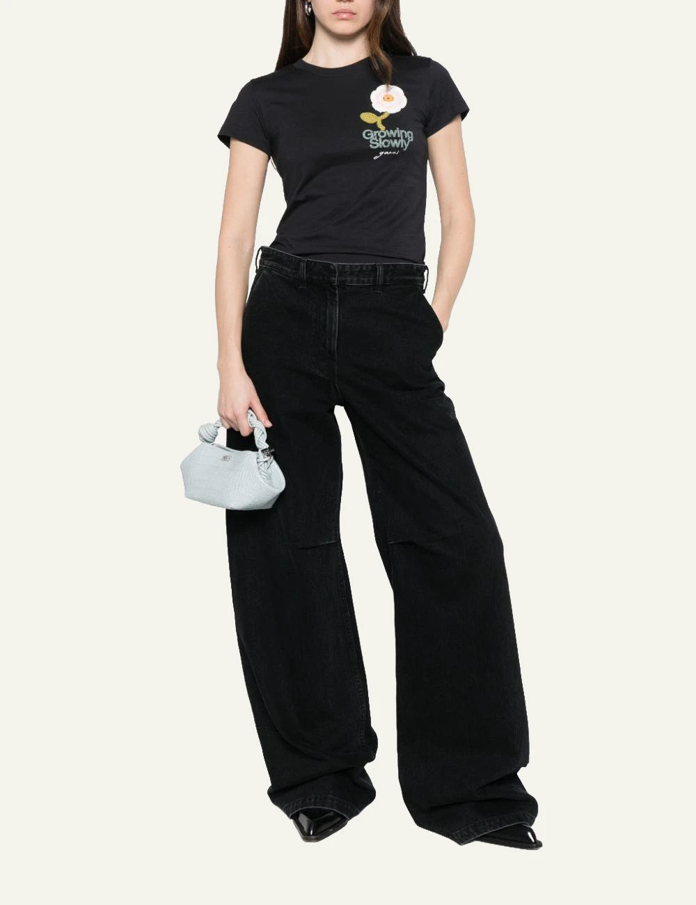 Ganni baby fit t-shirt black crochet flower patch growing slowly full body