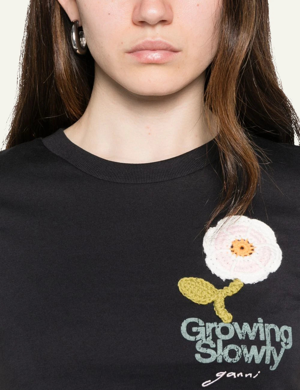 Ganni baby fit t-shirt black crochet flower patch growing slowly front detail
