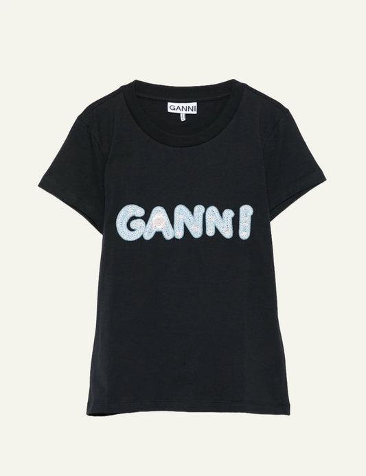 Ganni baby fit t-shirt black embroidered logo front