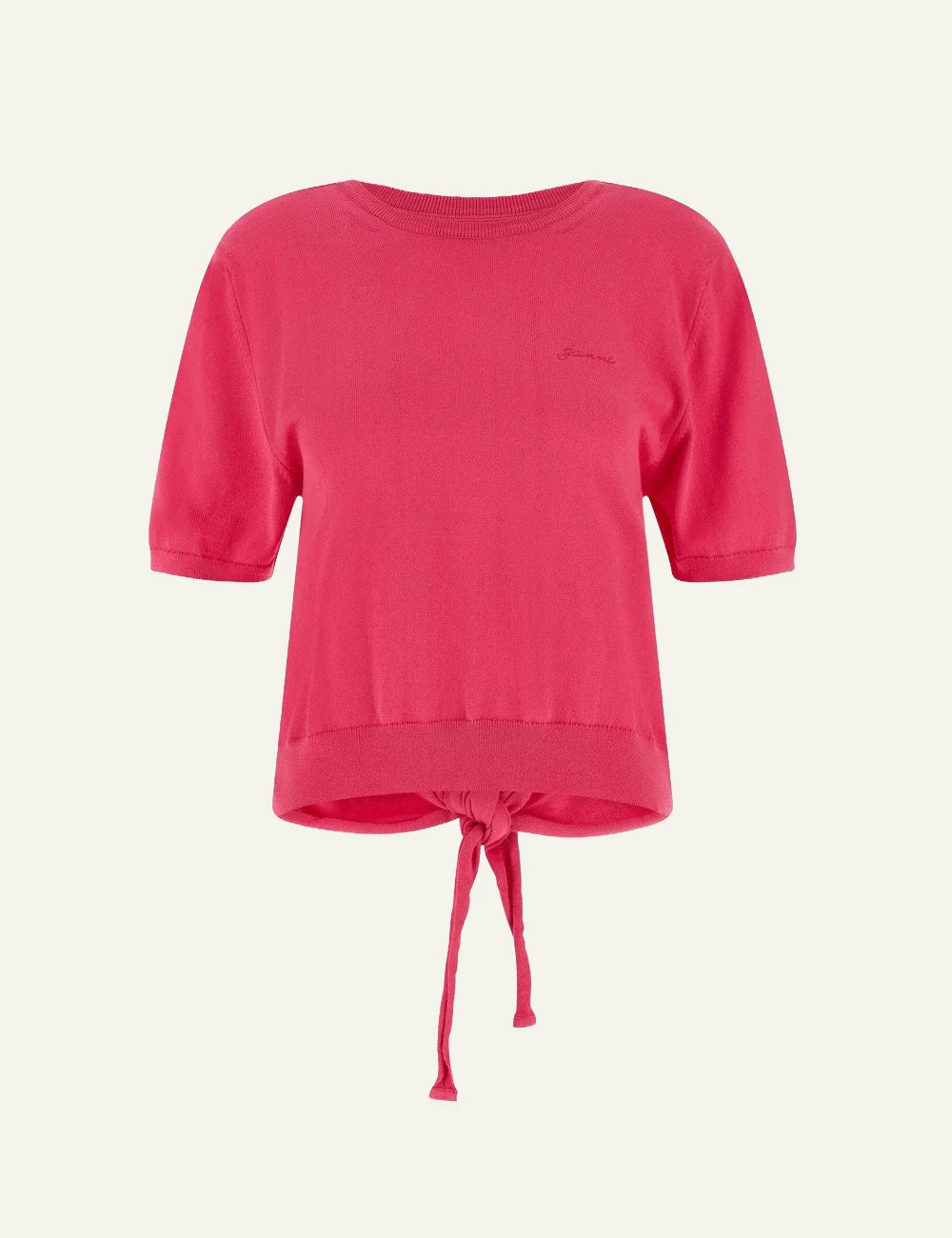 Ganni back tie top raspberry rose pink short sleeve front
