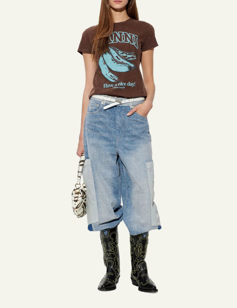 Ganni brown banana graphic t-shirt vintage wash front full body view