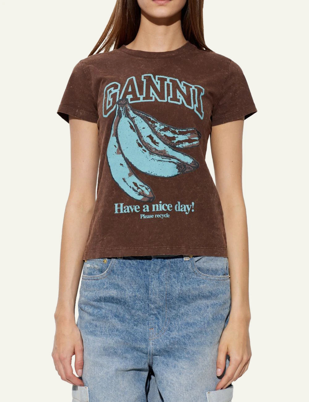 Ganni brown banana graphic t-shirt vintage wash front model view