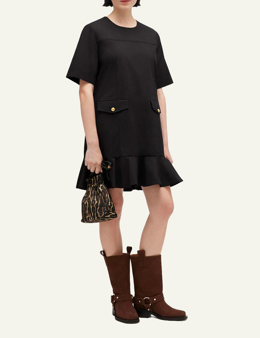 GANNI black mini dress front model view