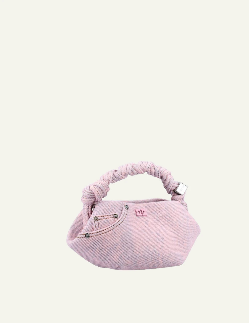Ganni Bou Mini bag pink denim front angle detail
