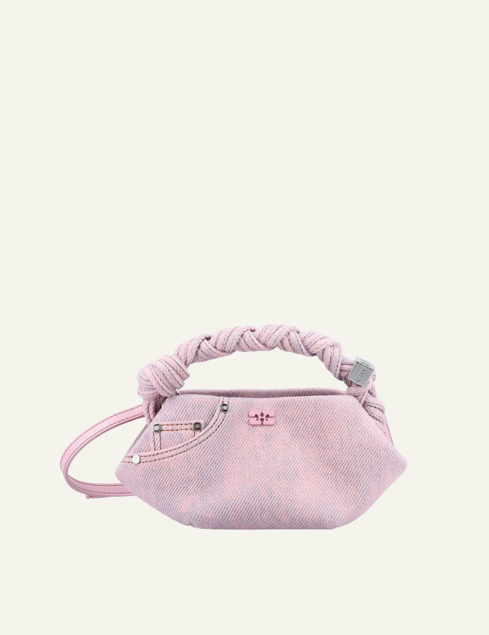 Ganni Bou Mini bag pink denim front view braided handle