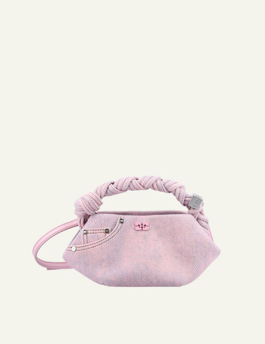 Ganni Bou Mini bag pink denim front view braided handle