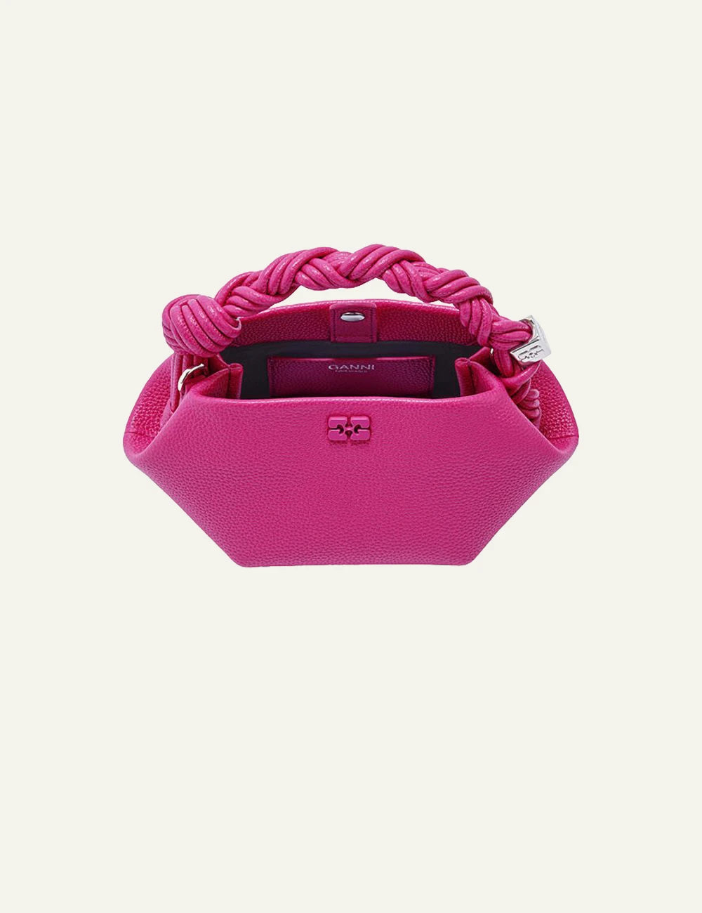 Ganni Bou mini grained bag cabaret pink braided handle top view