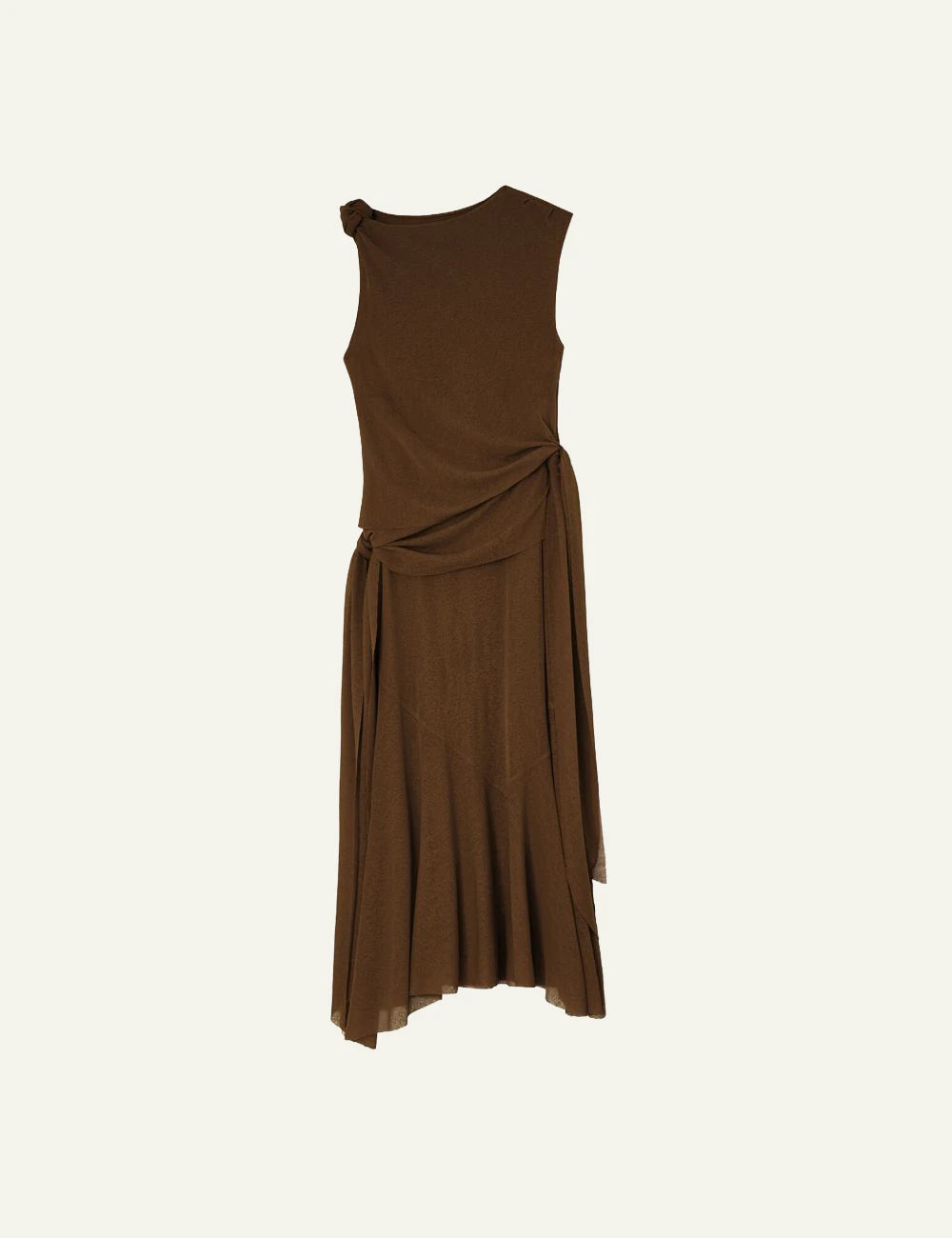 Ganni brown sleeveless midi dress with draped knot detail front view