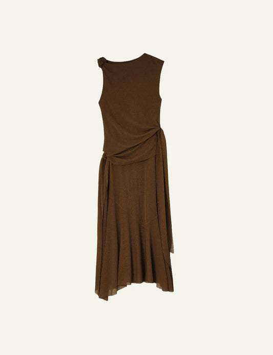 Ganni brown sleeveless midi dress with draped knot detail front view