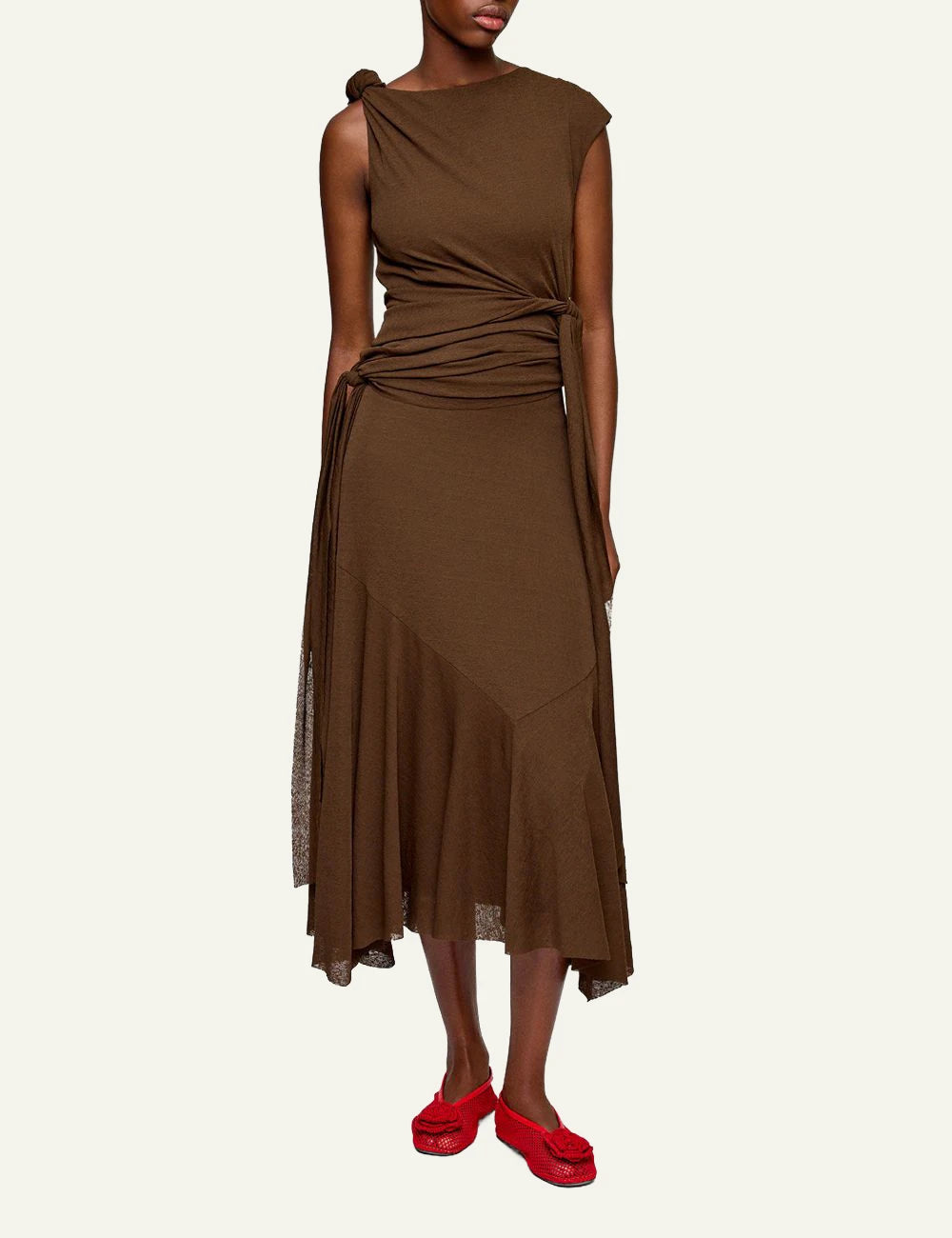 Ganni brown sleeveless midi dress with draped knot detail front model view