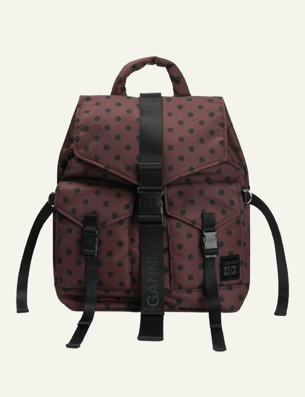 Ganni brown polka dot nylon backpack with black straps and front buckle closure
