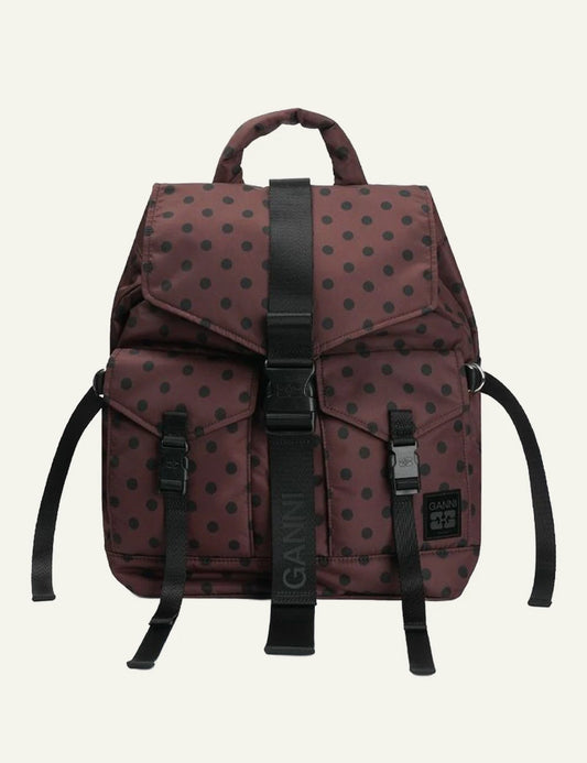 Ganni brown polka dot nylon backpack with black straps and front buckle closure