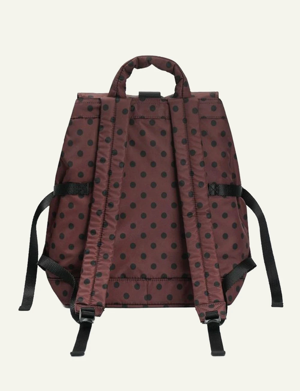 Ganni brown polka dot nylon backpack with black straps and front buckle closure back