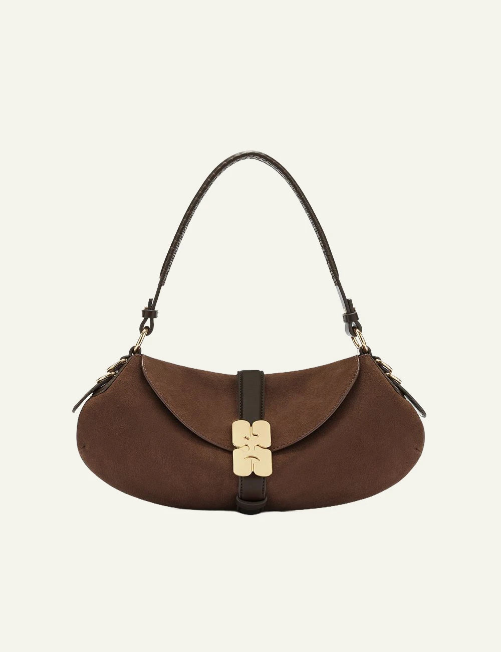 GANNI brown suede shoulder bag flap detail front view