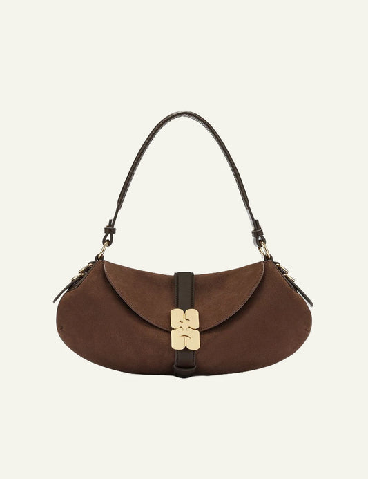 GANNI brown suede shoulder bag flap detail front view