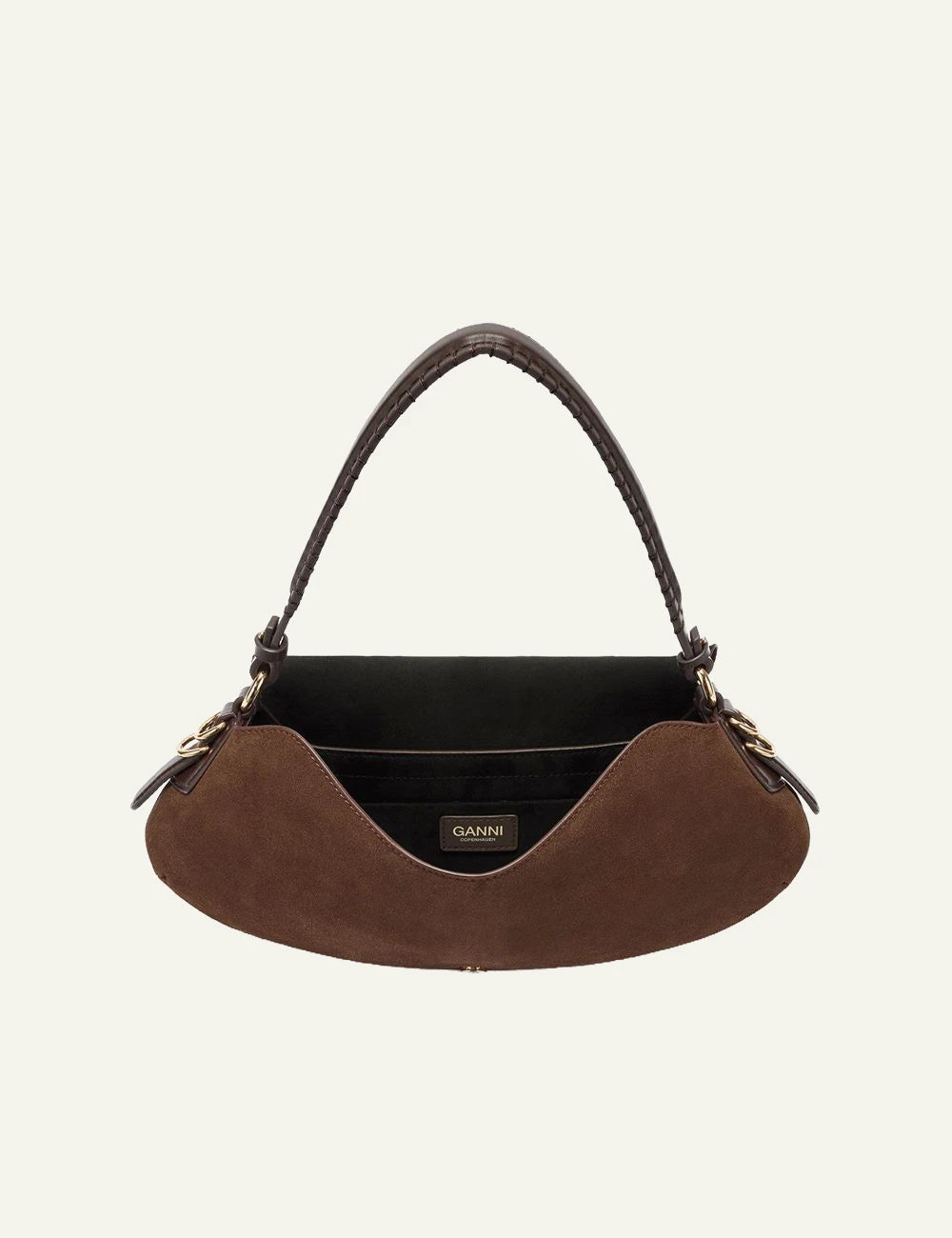 GANNI brown suede shoulder bag flap detail top view