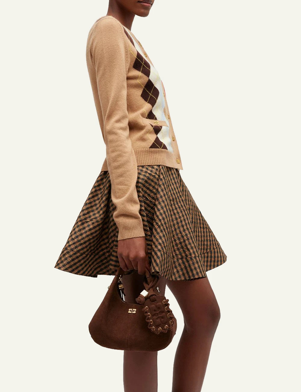 GANNI brown suede shoulder bag front model view