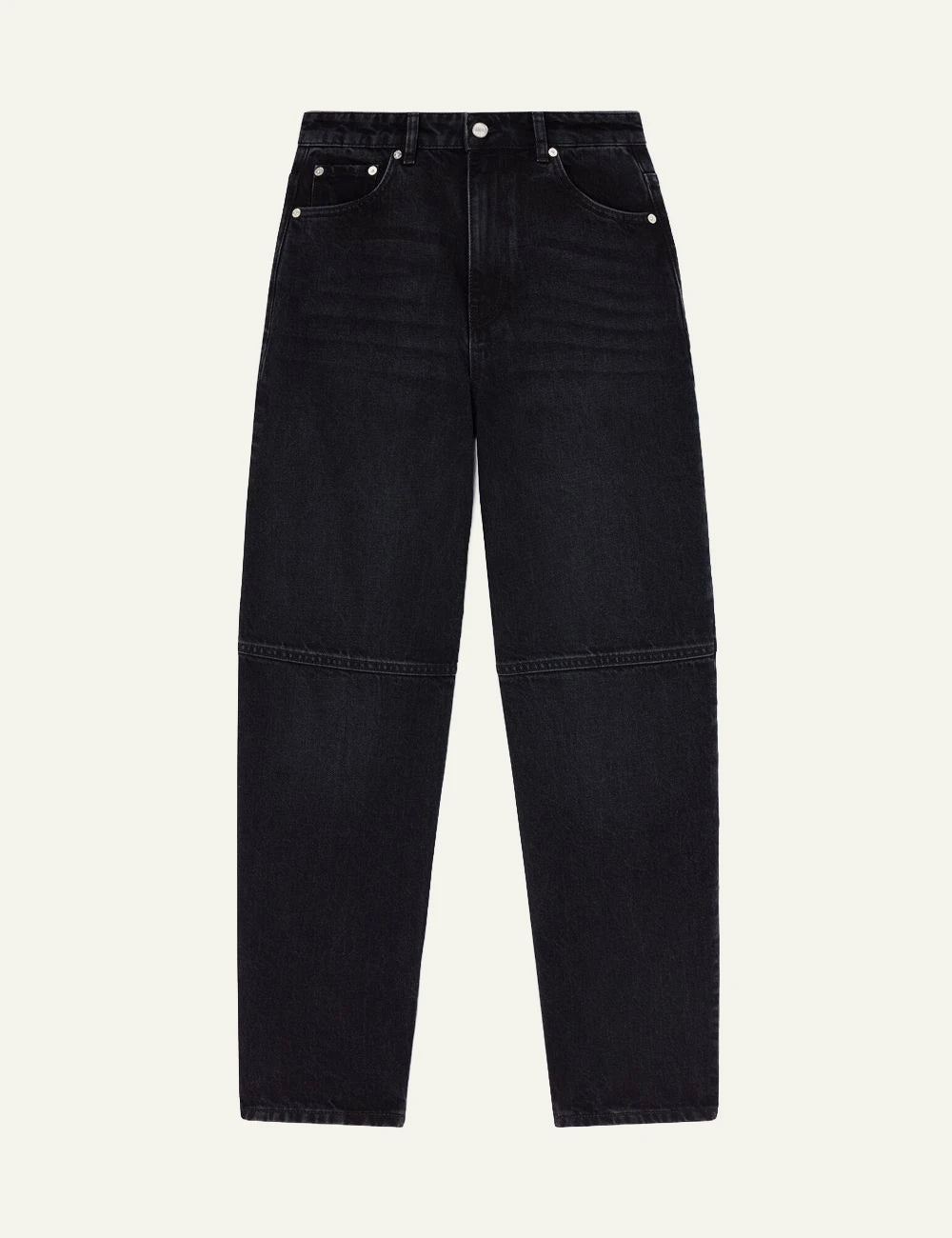 Ganni dark wash barrel leg denim jeans front view