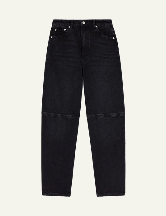 Ganni dark wash barrel leg denim jeans front view