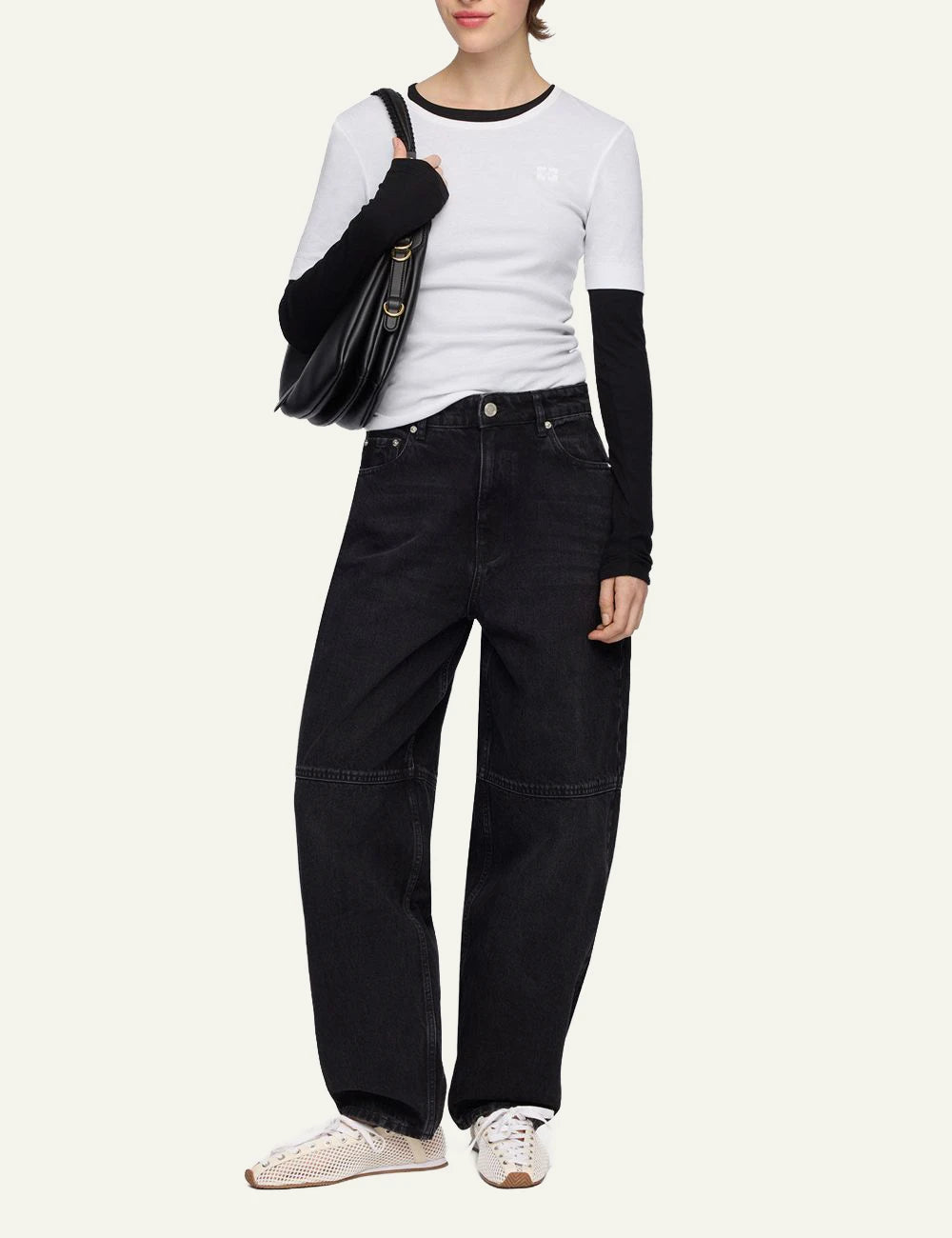 Ganni dark wash barrel leg denim jeans front full body view