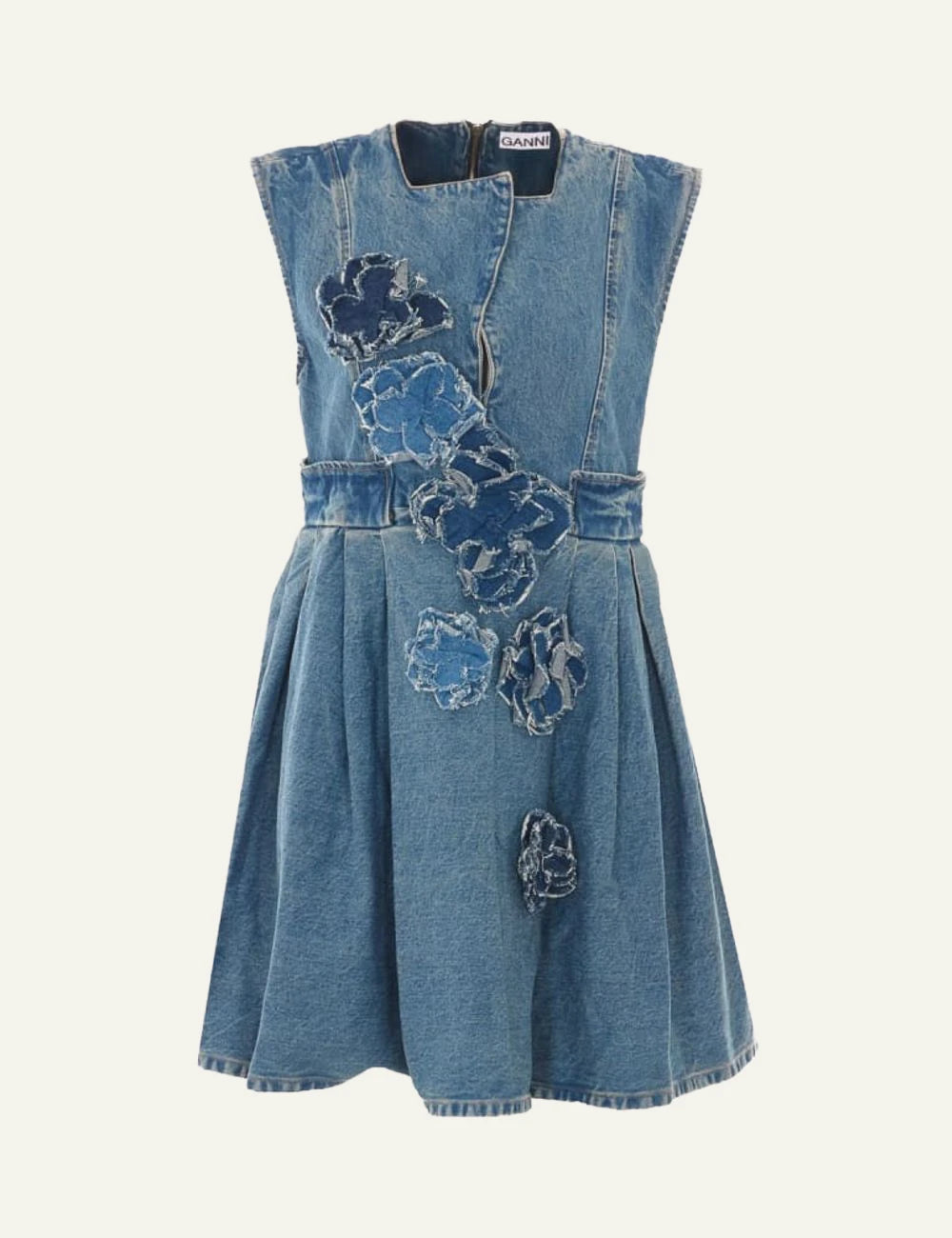 Ganni denim mini dress with floral appliqué details front view