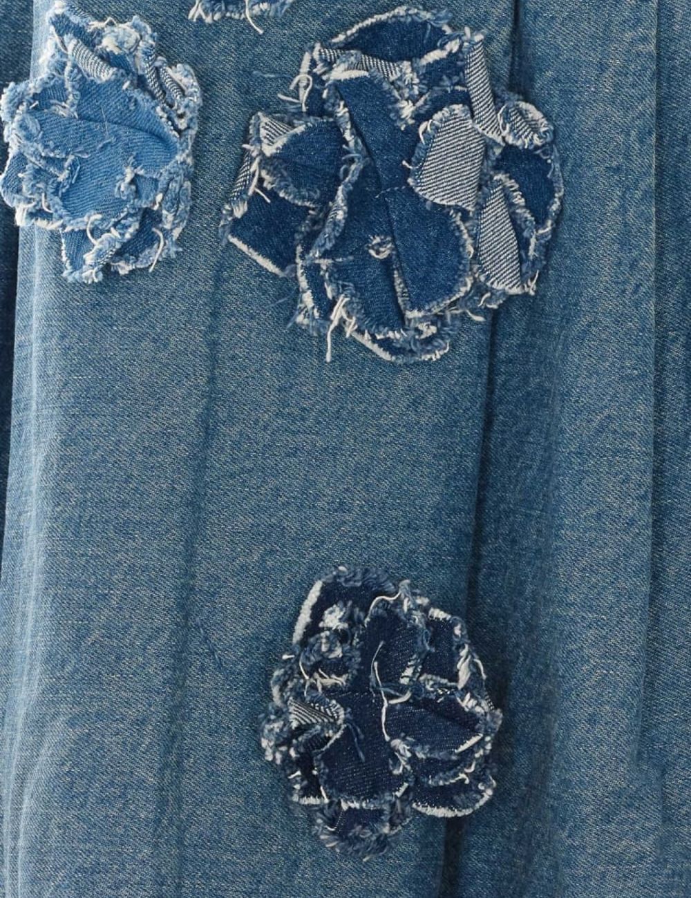 Ganni denim mini dress with floral appliqué details view