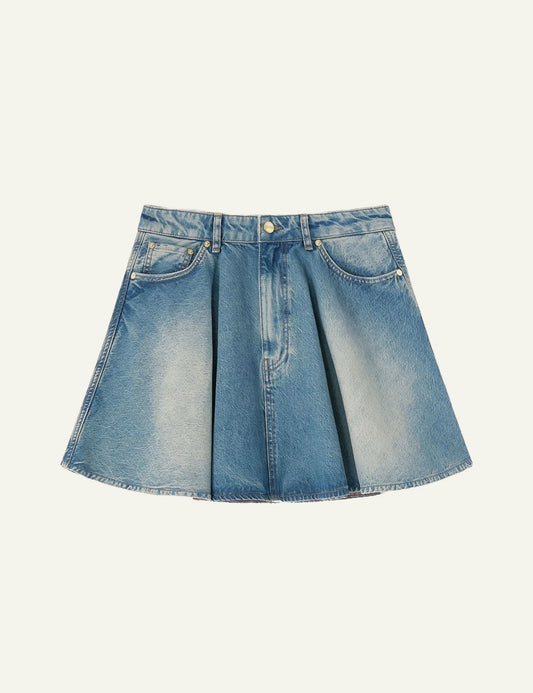 Ganni denim mini skirt blue front flat view