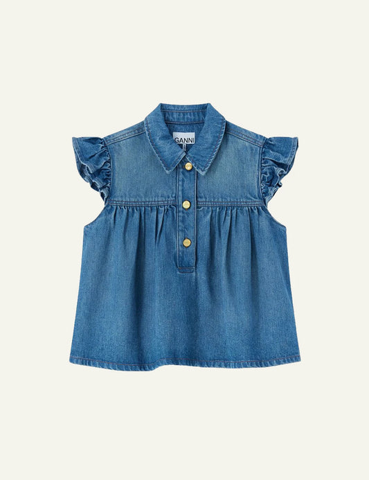 Ganni denim sleeveless top blue ruffle sleeves front view