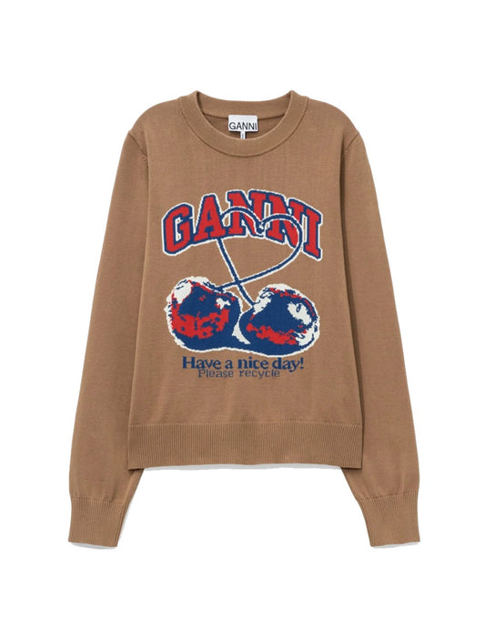 Ganni Fine Cotton Graphic sweater camel cherry logo front view