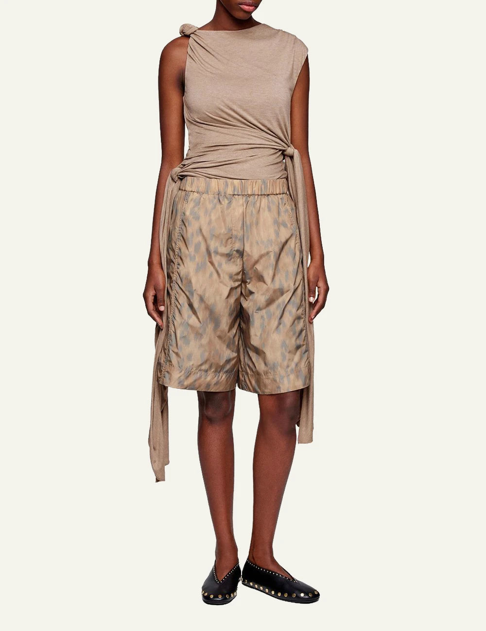 Ganni flyweight nylon shorts print beige relaxed fit full body