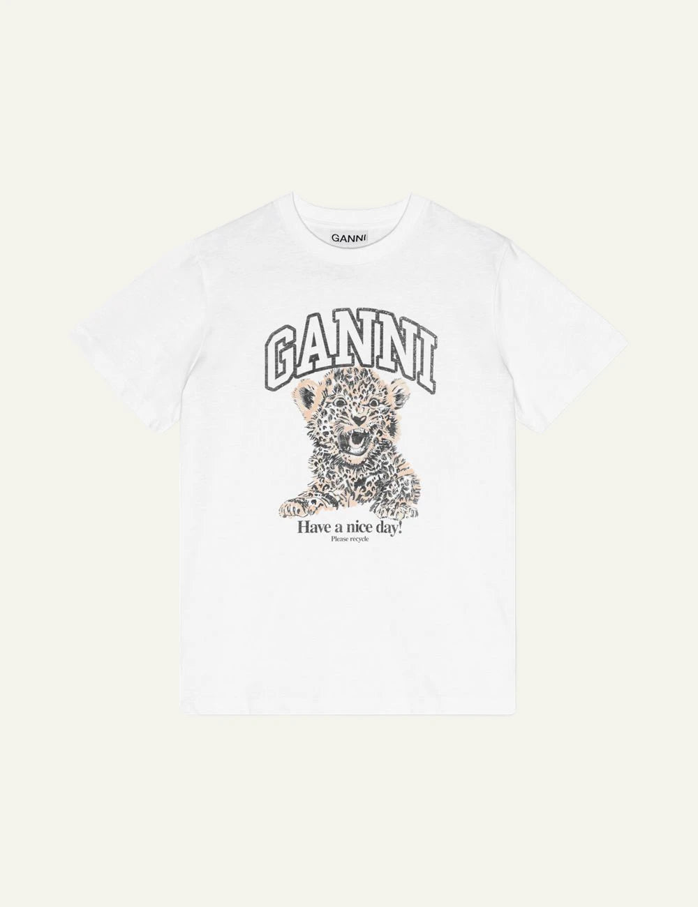 GANNI graphic tee white leopard print front view