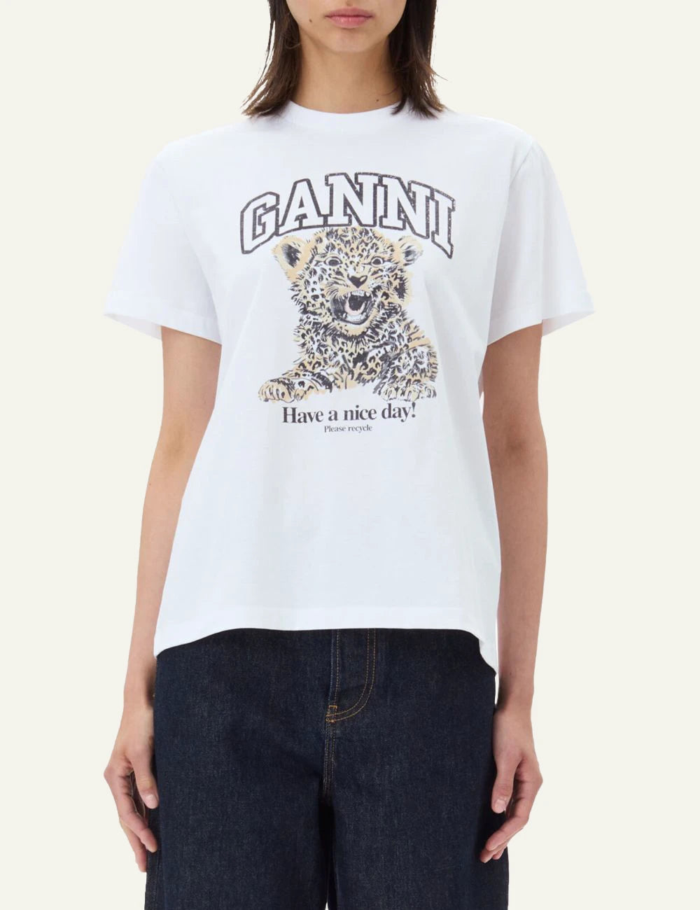 GANNI graphic tee white leopard print front view model