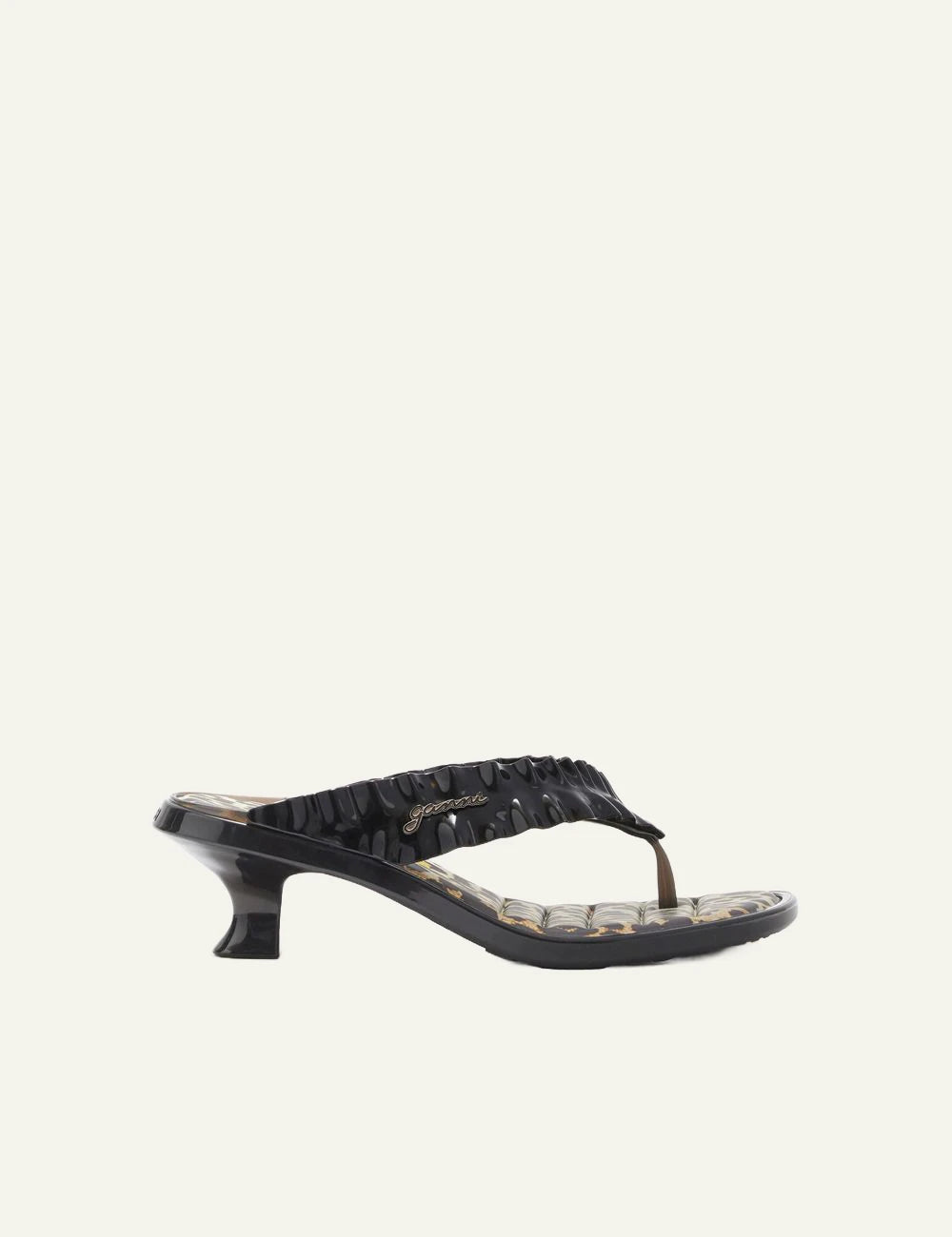 Ganni black heeled flip flop sandal with ruffle strap side view