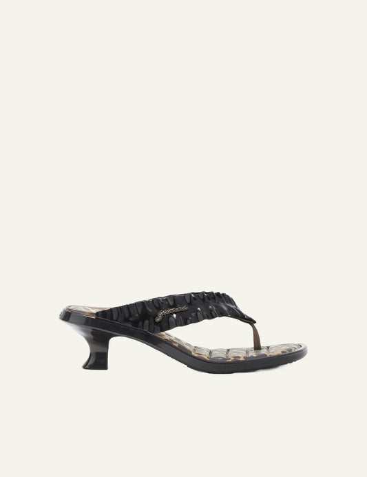 Ganni black heeled flip flop sandal with ruffle strap side view