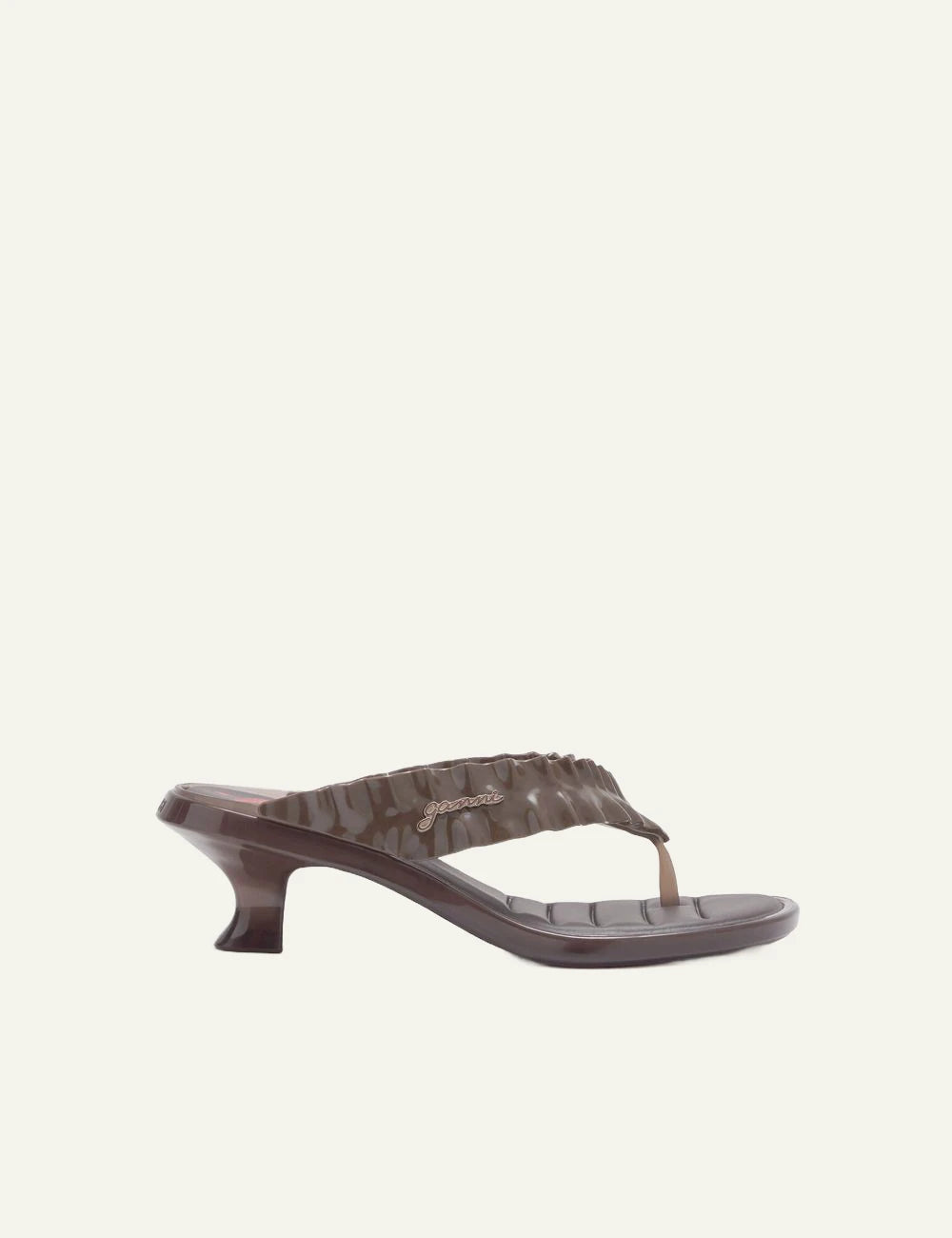 Ganni brown heeled flip flop sandal with ruffle strap side view