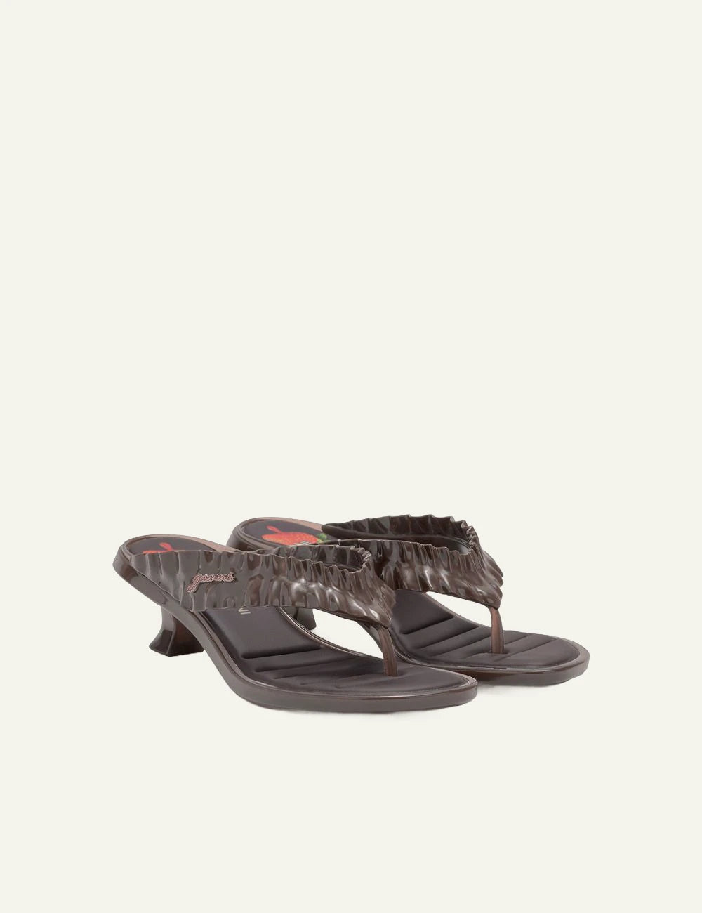 Ganni brown heeled flip flop sandal with ruffle strap profile view