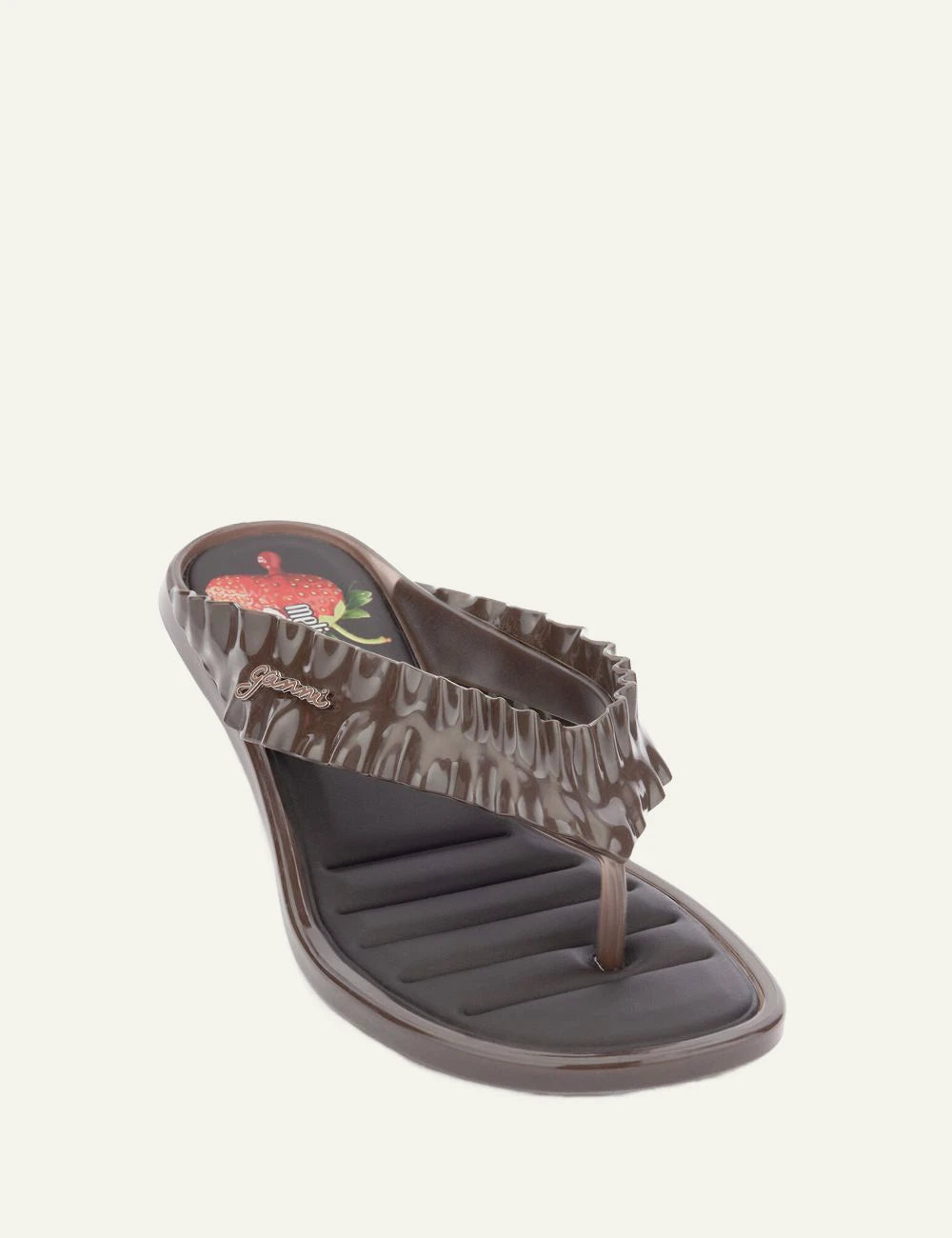 Ganni brown heeled flip flop sandal with ruffle strap angled view