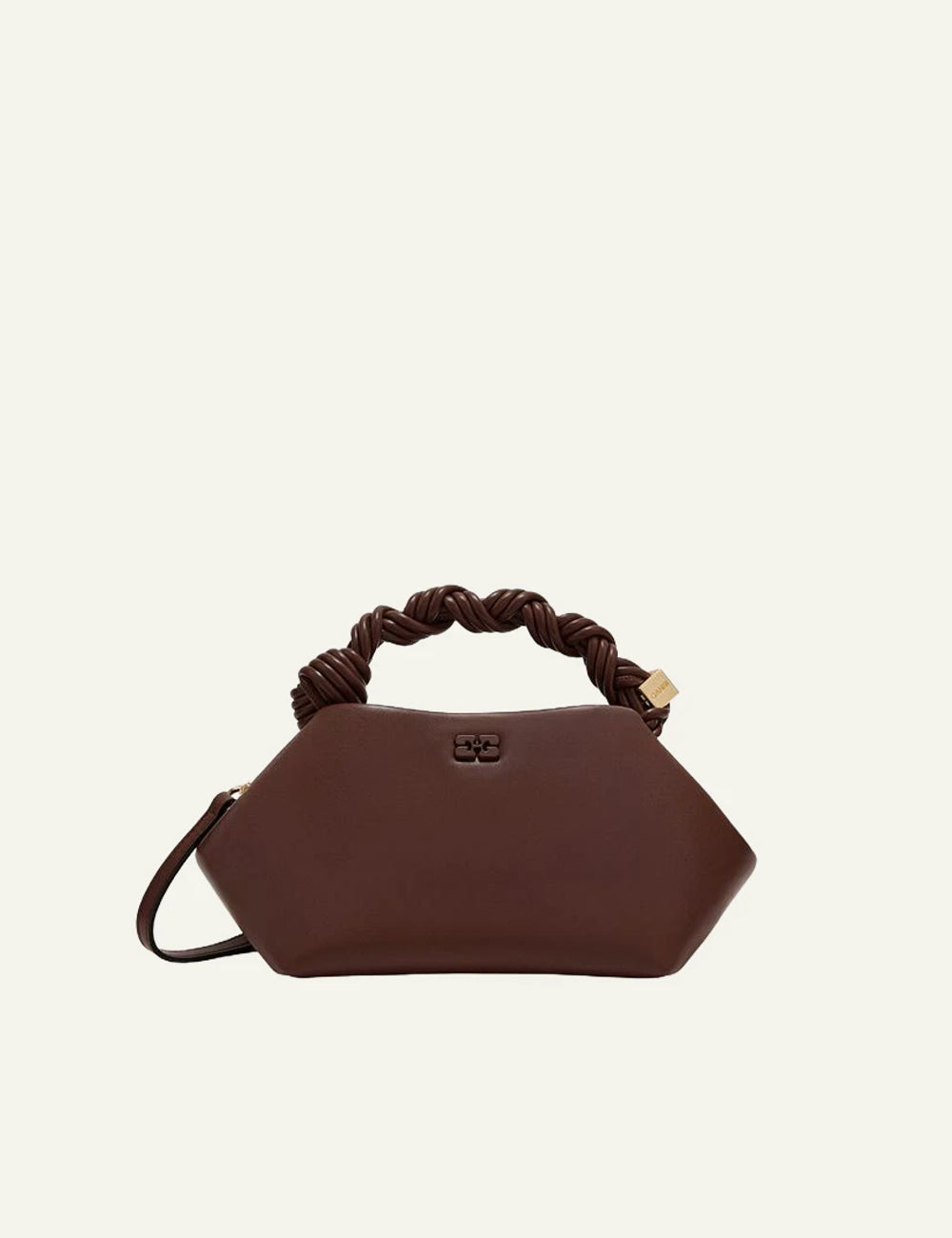 Ganni brown hexagonal bag with braided handle front view