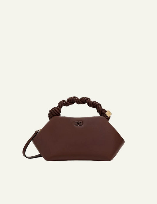 Ganni brown hexagonal bag with braided handle front view