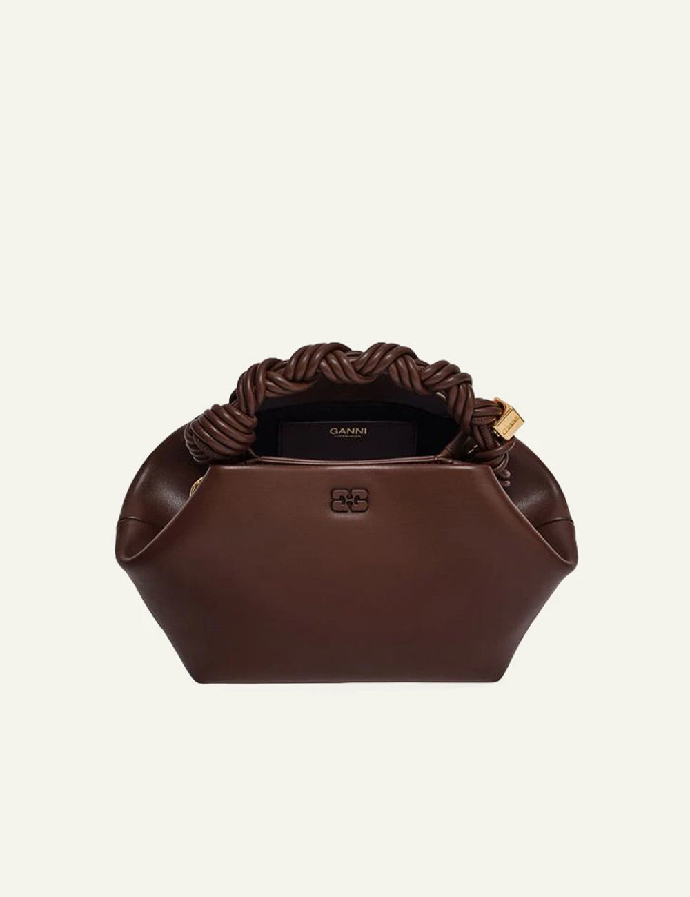 Ganni brown hexagonal bag with braided handle top view