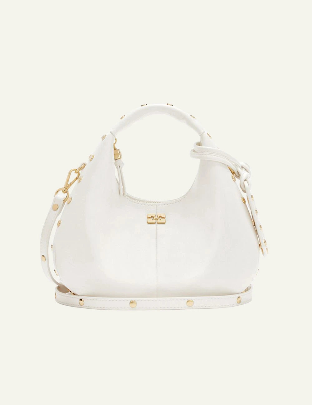 Ganni hobo mini studs bag egret white gold studs handle front view