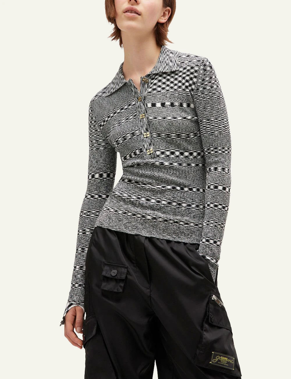 Ganni knit polo top grey black pattern close detail