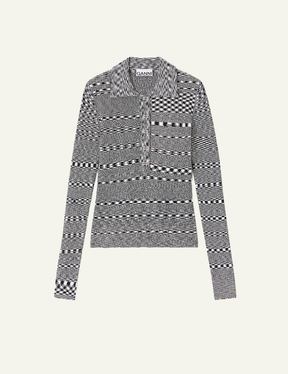 Ganni knit polo top grey black pattern front view