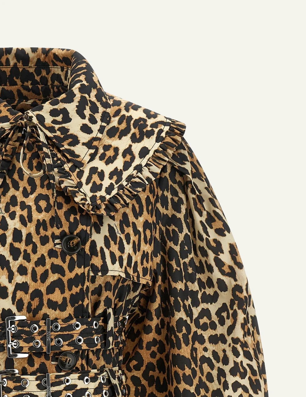GANNI leopard belted coat detail view