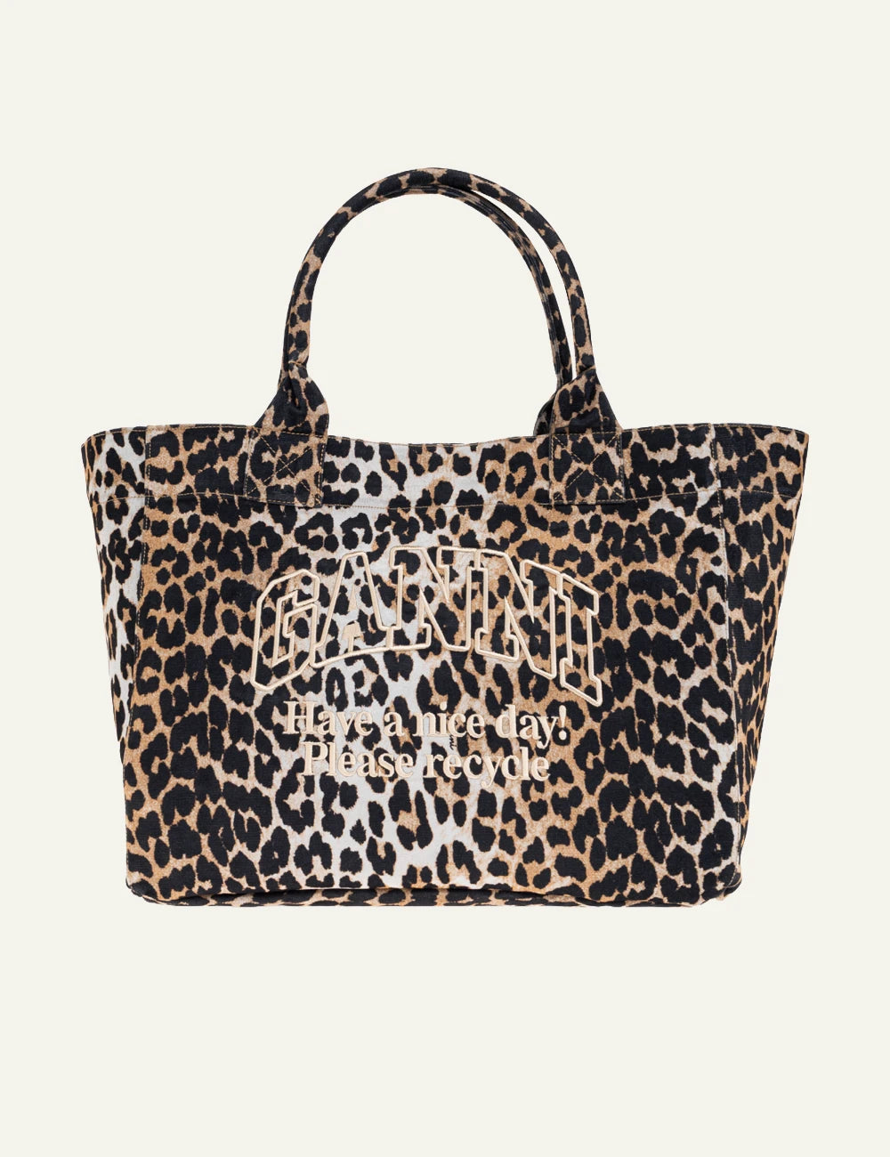 GANNI leopard canvas tote bag logo front view