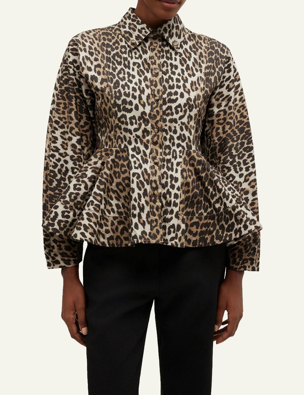 GANNI leopard print jacket peplum hem front view model