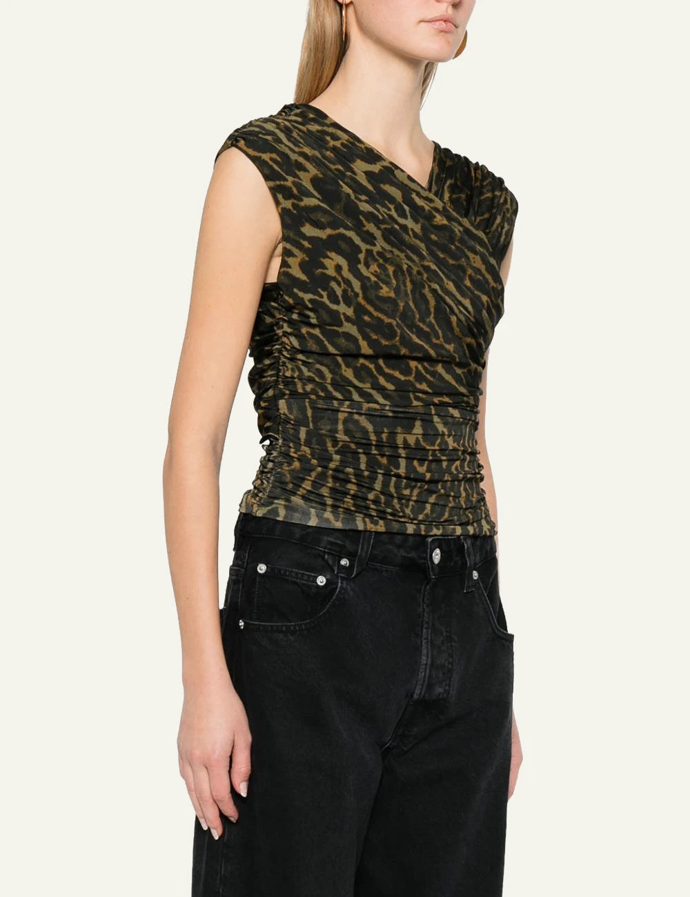 GANNI leopard print ruched sleeveless top side view