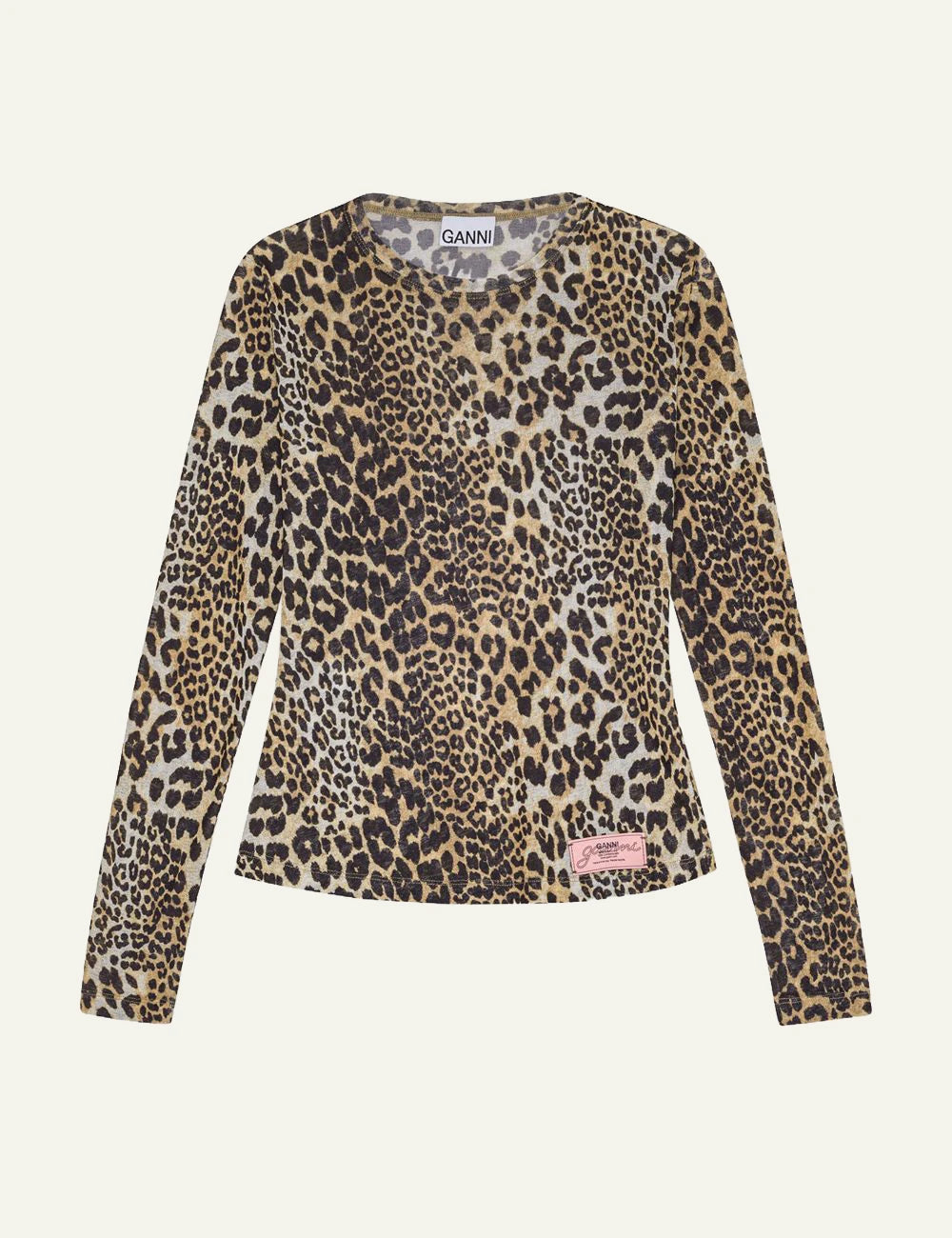 GANNI leopard rib long sleeve top front view