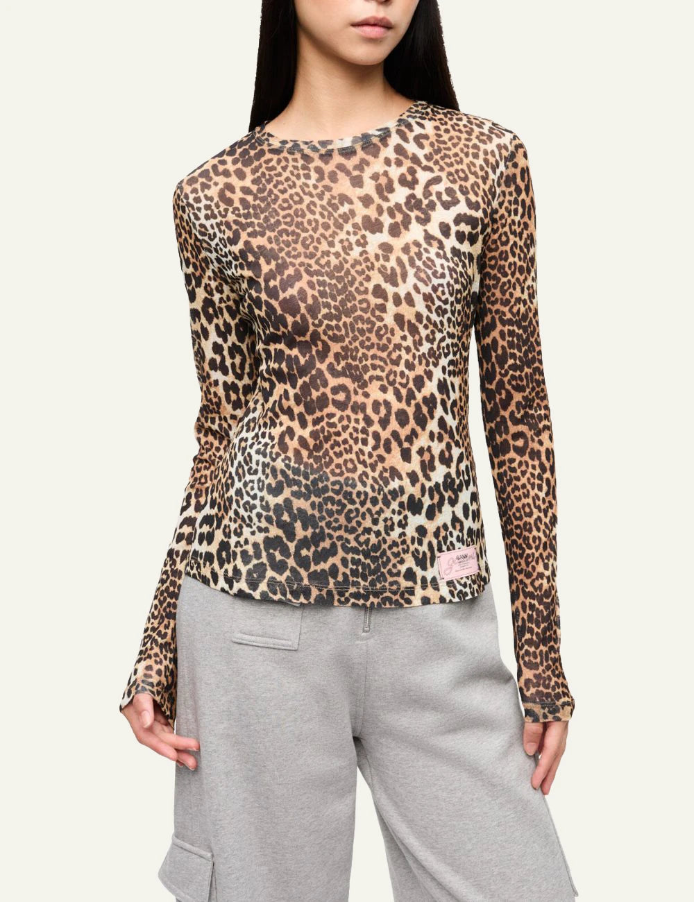 GANNI leopard rib long sleeve top front view model